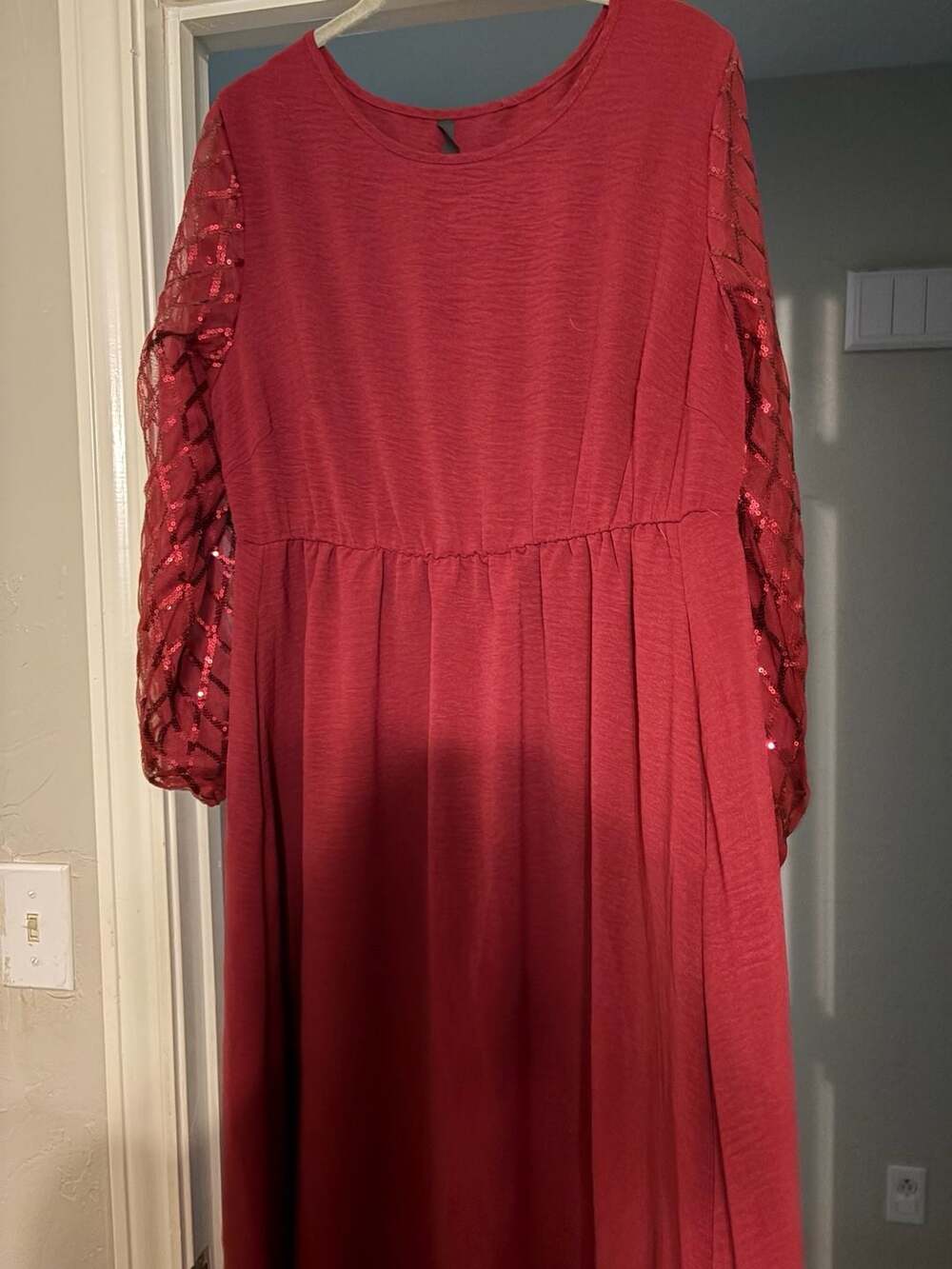 BloomChic Red Long Sleeve Sequin Lattice Overlay Maxi Dress